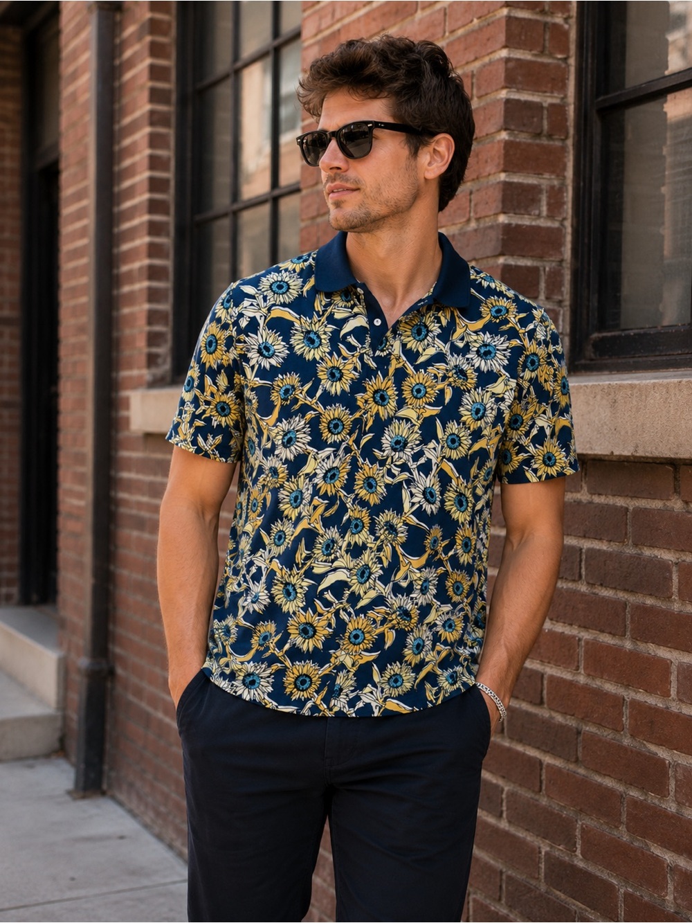 Goodfellow & Co Men’s XL Navy Sunflower Floral Print Polo Shirt